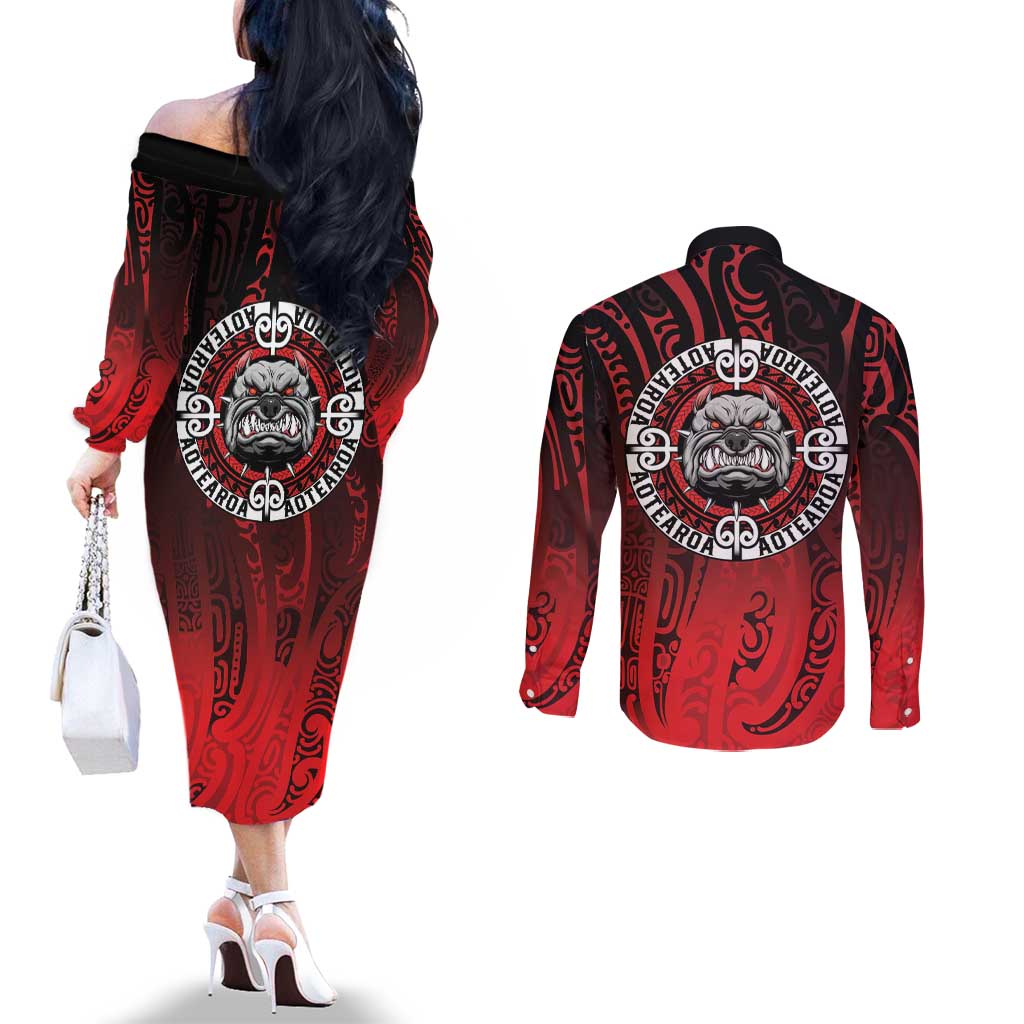 Aotearoa Bulldog Couples Matching Off The Shoulder Long Sleeve Dress and Long Sleeve Button Shirt New Zealand Kowhaiwhai Tribal