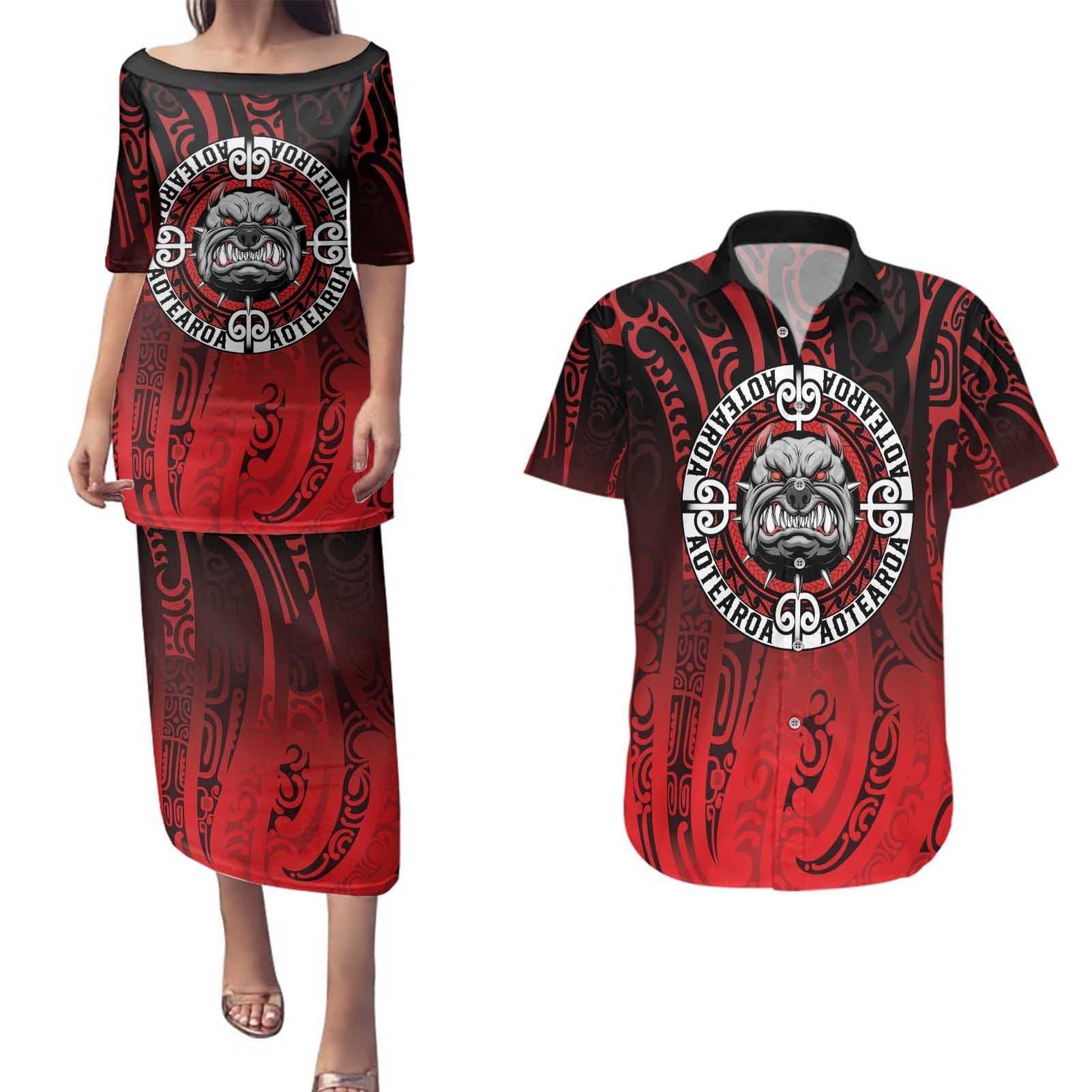 Aotearoa Bulldog Couples Matching Puletasi and Hawaiian Shirt New Zealand Kowhaiwhai Tribal