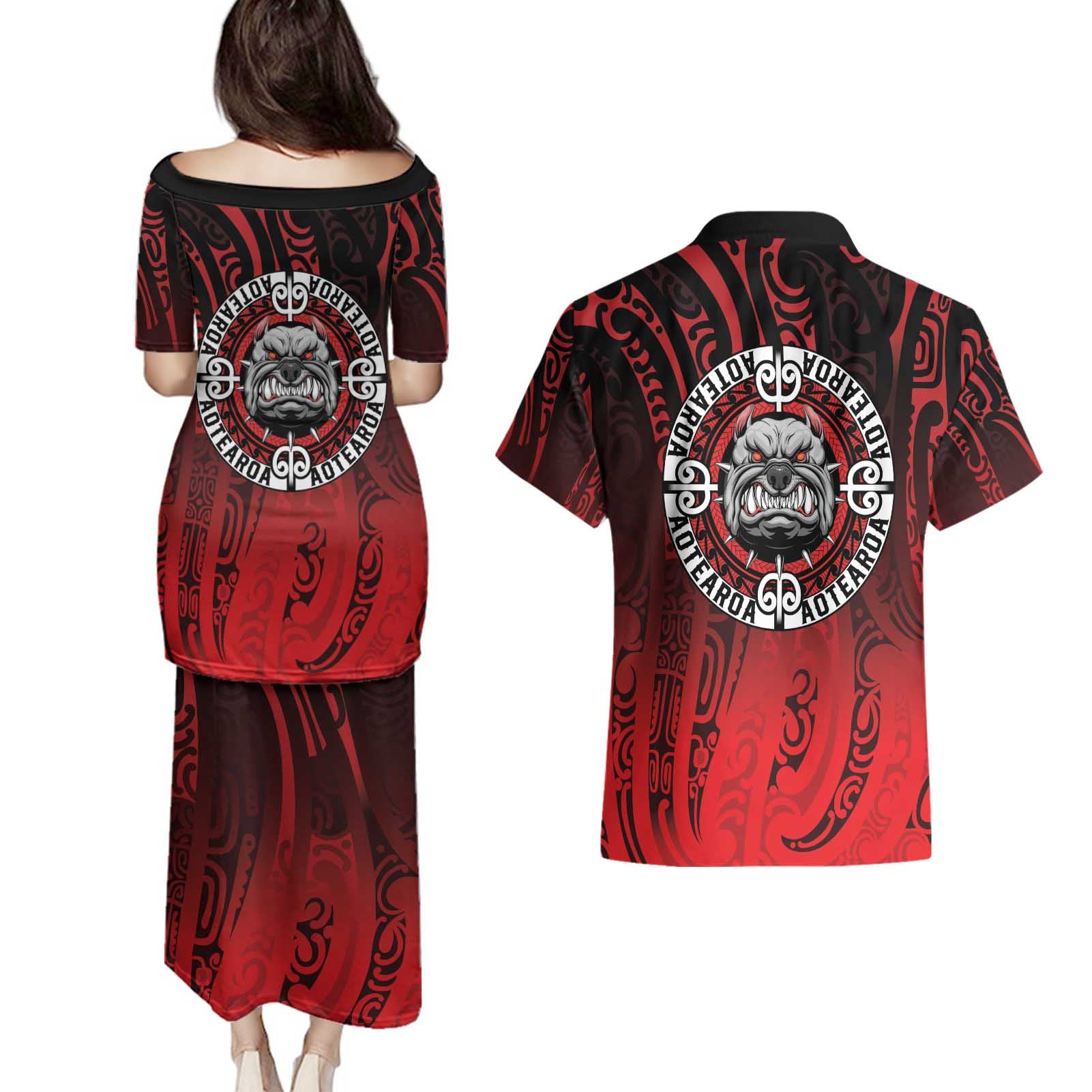 Aotearoa Bulldog Couples Matching Puletasi and Hawaiian Shirt New Zealand Kowhaiwhai Tribal