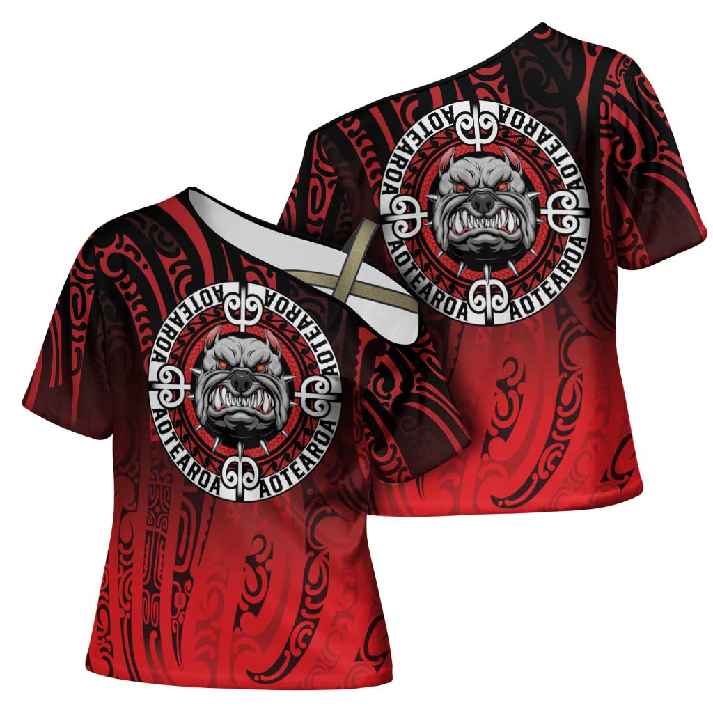 Aotearoa Bulldog Cross Shoulder Shirt New Zealand Kowhaiwhai Tribal - Aussie Hoodie