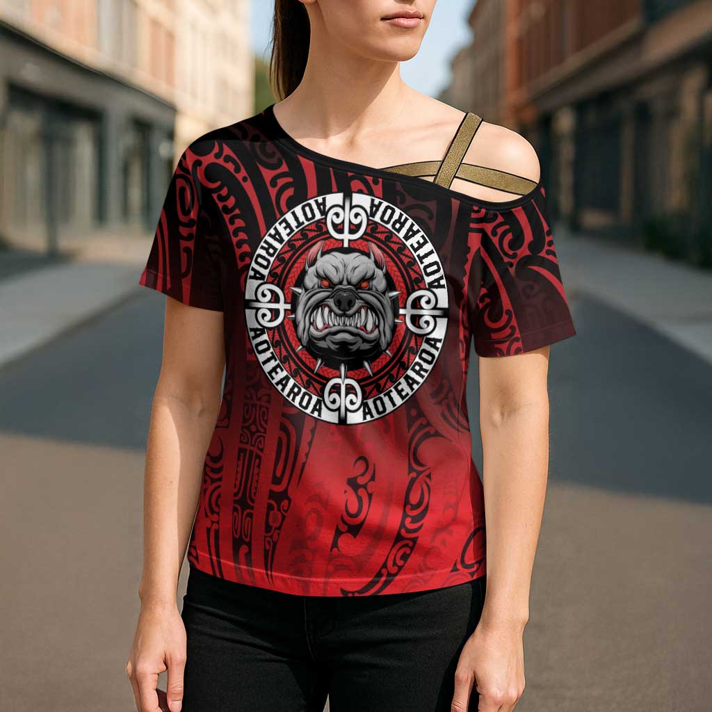Aotearoa Bulldog Cross Shoulder Shirt New Zealand Kowhaiwhai Tribal - Aussie Hoodie