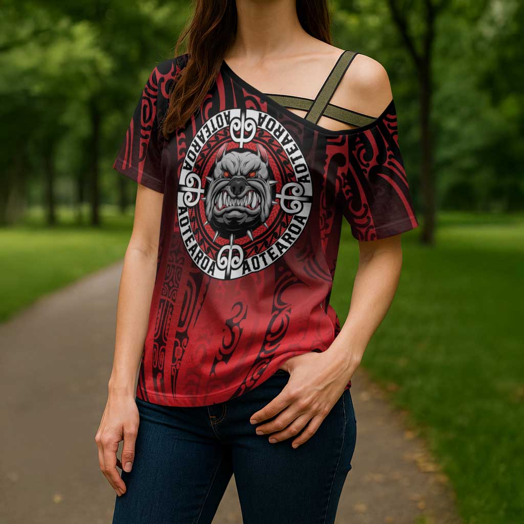 Aotearoa Bulldog Cross Shoulder Shirt New Zealand Kowhaiwhai Tribal - Aussie Hoodie