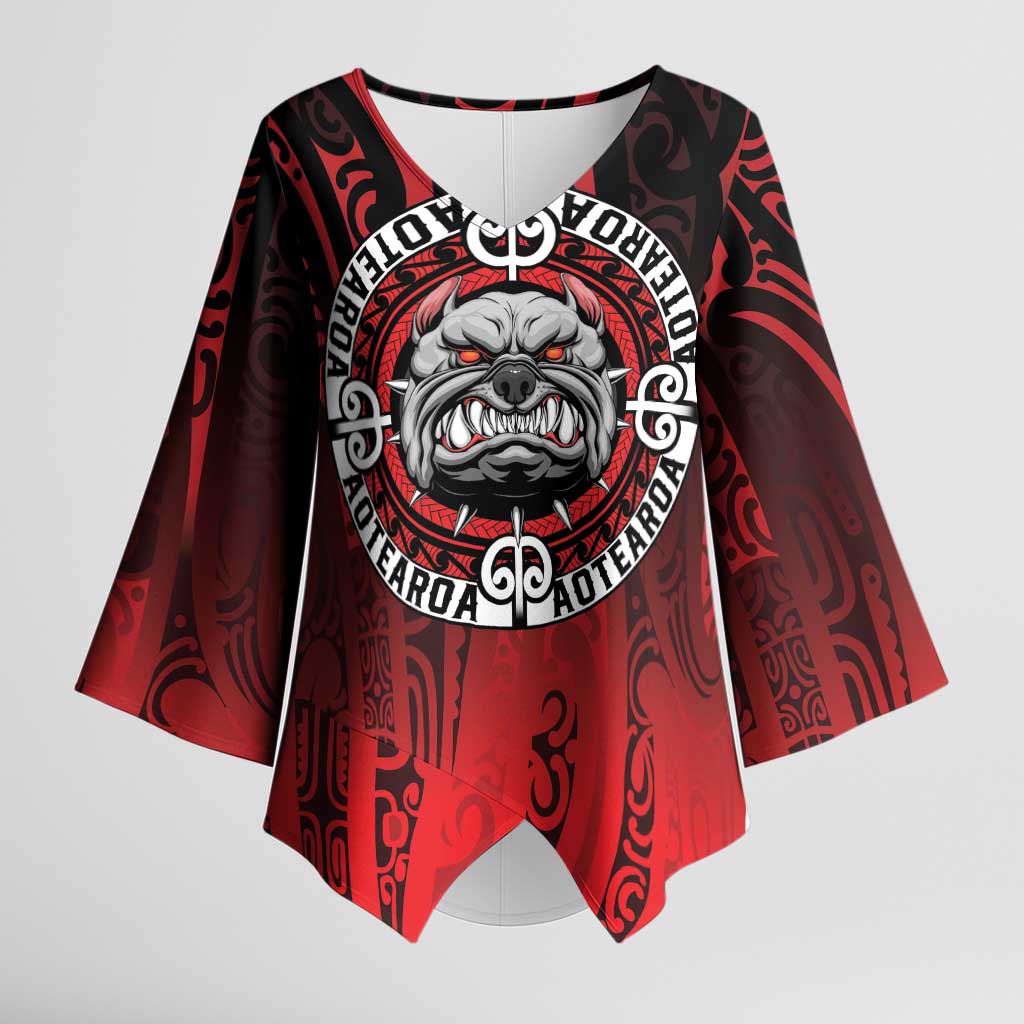 Aotearoa Bulldog Kimono Sleeve Blouse New Zealand Kowhaiwhai Tribal - Aussie Hoodie