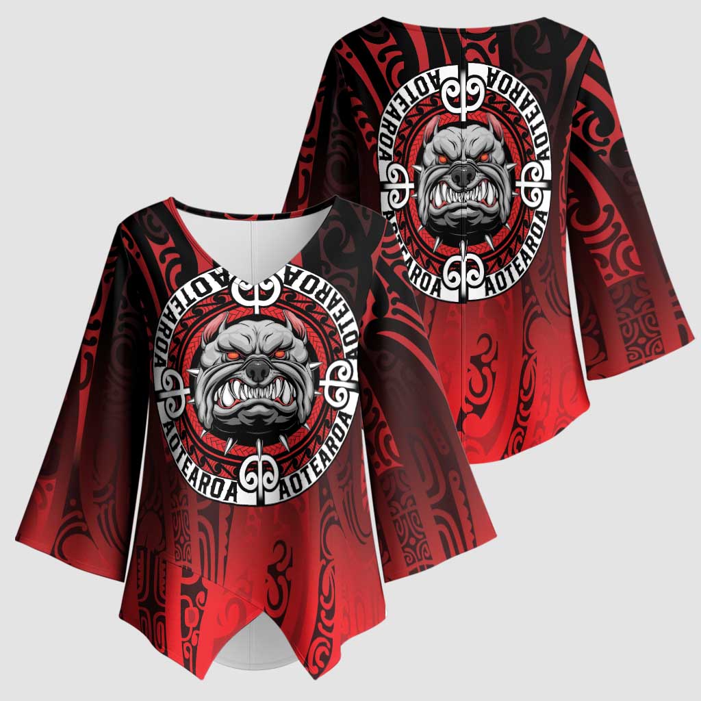 Aotearoa Bulldog Kimono Sleeve Blouse New Zealand Kowhaiwhai Tribal - Aussie Hoodie