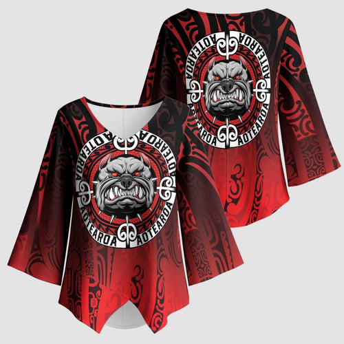 Aotearoa Bulldog Kimono Sleeve Blouse New Zealand Kowhaiwhai Tribal - Aussie Hoodie