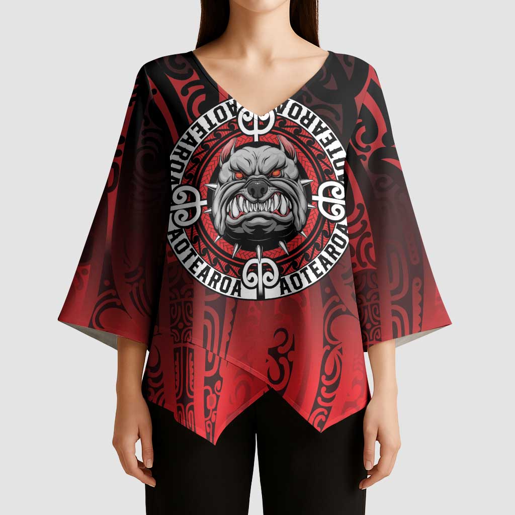 Aotearoa Bulldog Kimono Sleeve Blouse New Zealand Kowhaiwhai Tribal - Aussie Hoodie