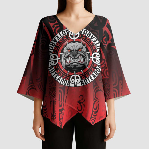 Aotearoa Bulldog Kimono Sleeve Blouse New Zealand Kowhaiwhai Tribal - Aussie Hoodie