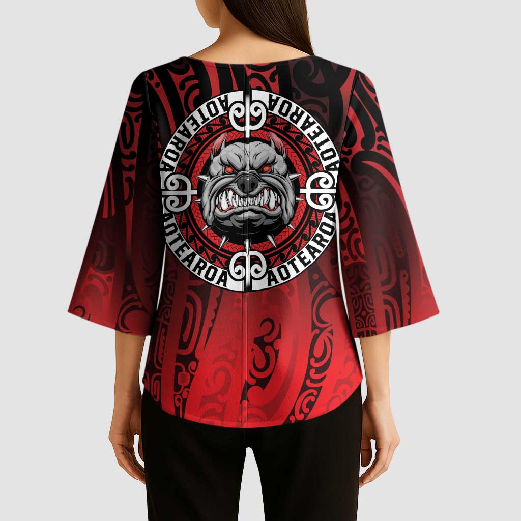 Aotearoa Bulldog Kimono Sleeve Blouse New Zealand Kowhaiwhai Tribal - Aussie Hoodie