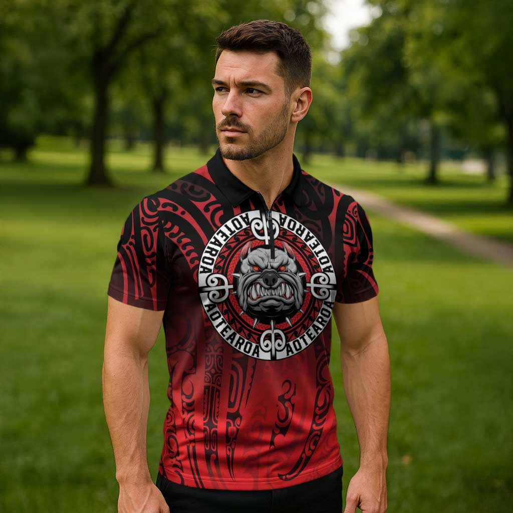 Aotearoa Bulldog Zipper Polo Shirt New Zealand Kowhaiwhai Tribal - Aussie Hoodie