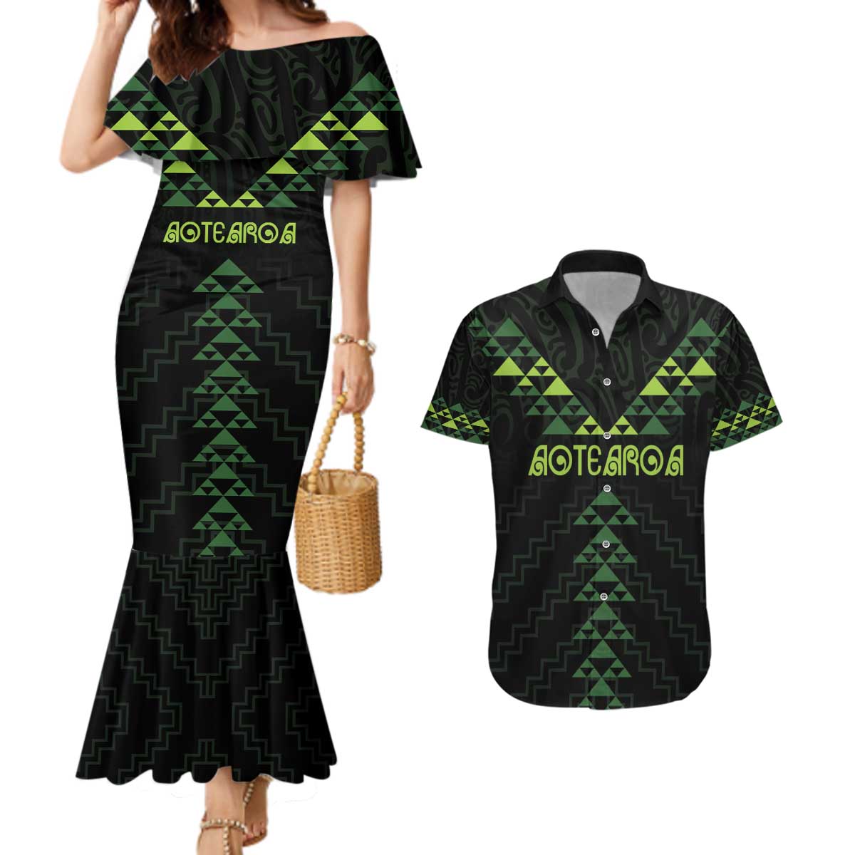 Custom New Zealand Maori Koru Koiri Motif Couples Matching Mermaid Dress and Hawaiian Shirt