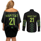 Custom New Zealand Maori Koru Koiri Motif Couples Matching Off Shoulder Short Dress and Long Sleeve Button Shirt
