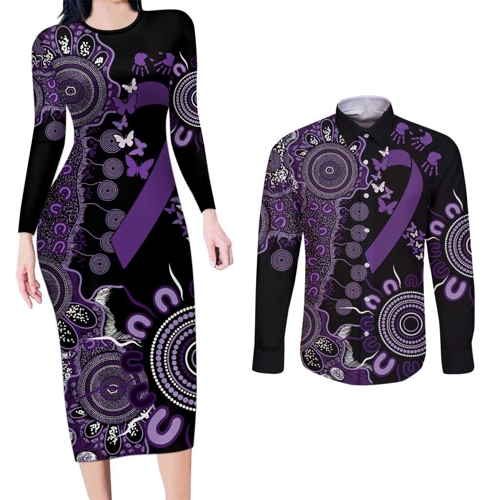 Memories Matter Alzheimers Awareness Personalised Couples Matching Long Sleeve Bodycon Dress and Long Sleeve Button Shirt Aboriginal Ribbon Dot Painting