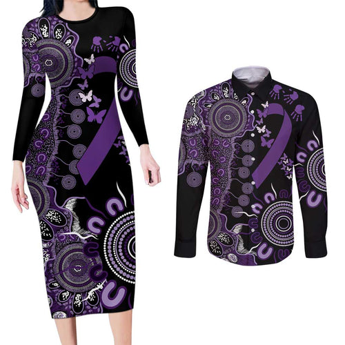 Memories Matter Alzheimers Awareness Personalised Couples Matching Long Sleeve Bodycon Dress and Long Sleeve Button Shirt Aboriginal Ribbon Dot Painting