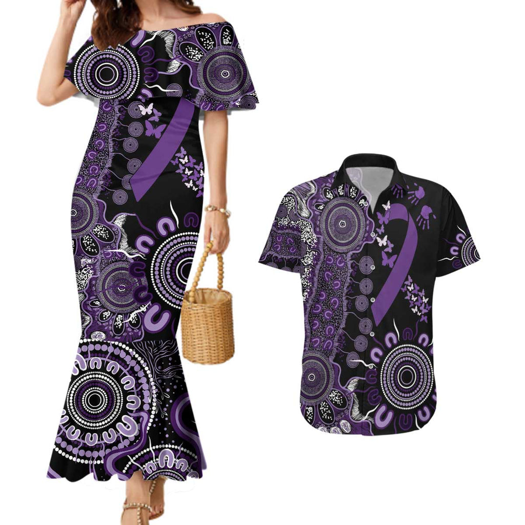 Memories Matter Alzheimers Awareness Personalised Couples Matching Mermaid Dress and Hawaiian Shirt Aboriginal Ribbon Dot Painting