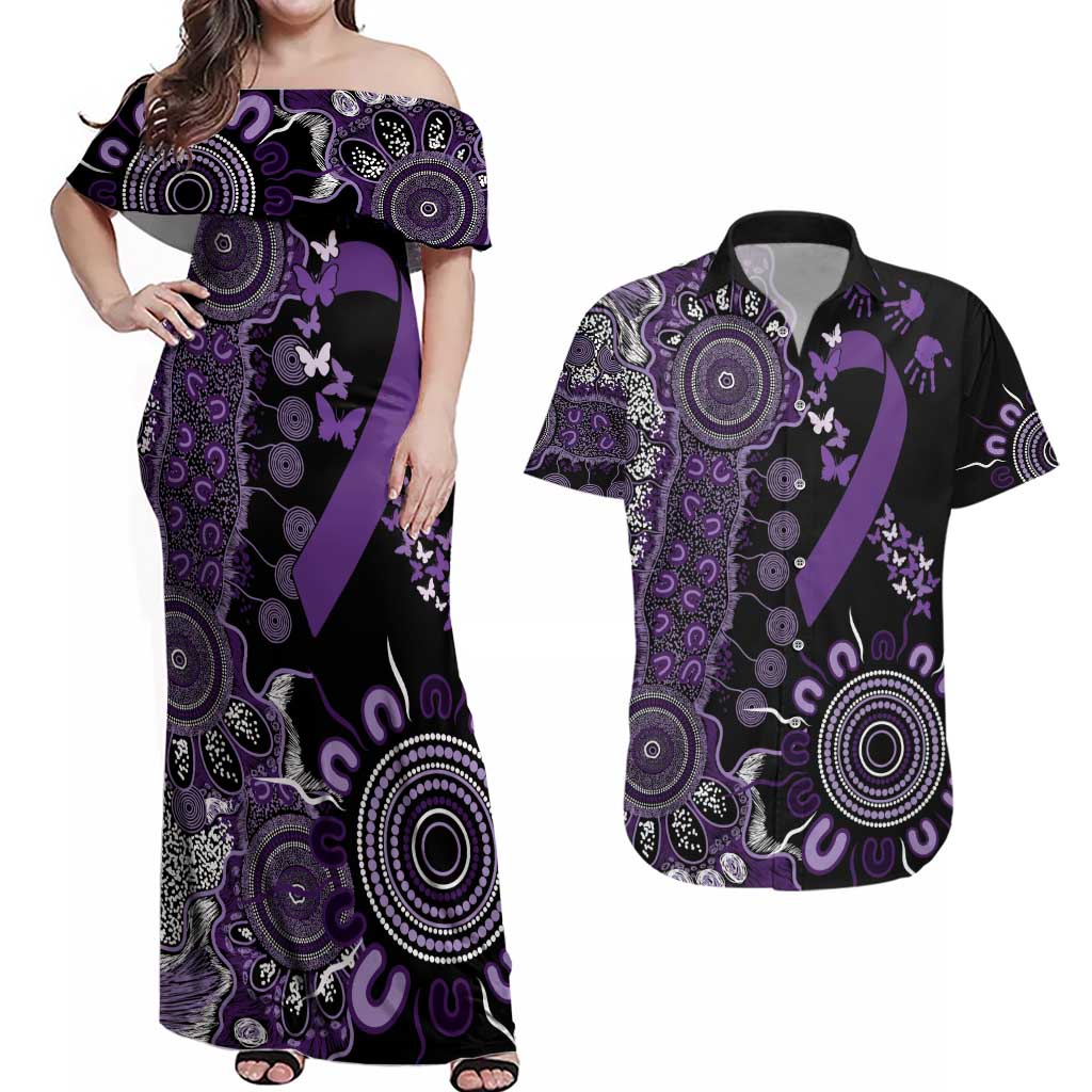 Memories Matter Alzheimers Awareness Personalised Couples Matching Off Shoulder Maxi Dress and Hawaiian Shirt Aboriginal Ribbon Dot Painting