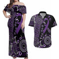 Memories Matter Alzheimers Awareness Personalised Couples Matching Off Shoulder Maxi Dress and Hawaiian Shirt Aboriginal Ribbon Dot Painting