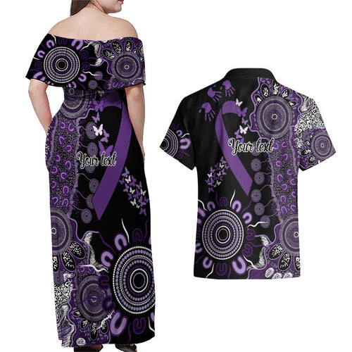Memories Matter Alzheimers Awareness Personalised Couples Matching Off Shoulder Maxi Dress and Hawaiian Shirt Aboriginal Ribbon Dot Painting