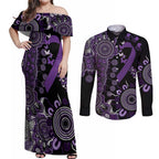 Memories Matter Alzheimers Awareness Personalised Couples Matching Off Shoulder Maxi Dress and Long Sleeve Button Shirt Aboriginal Ribbon Dot Painting