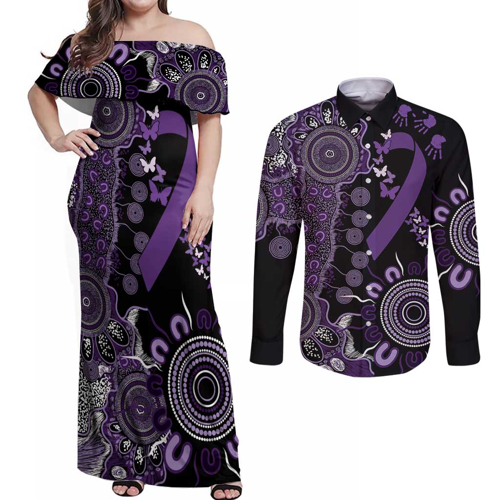 Memories Matter Alzheimers Awareness Personalised Couples Matching Off Shoulder Maxi Dress and Long Sleeve Button Shirt Aboriginal Ribbon Dot Painting