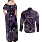 Memories Matter Alzheimers Awareness Personalised Couples Matching Off Shoulder Maxi Dress and Long Sleeve Button Shirt Aboriginal Ribbon Dot Painting