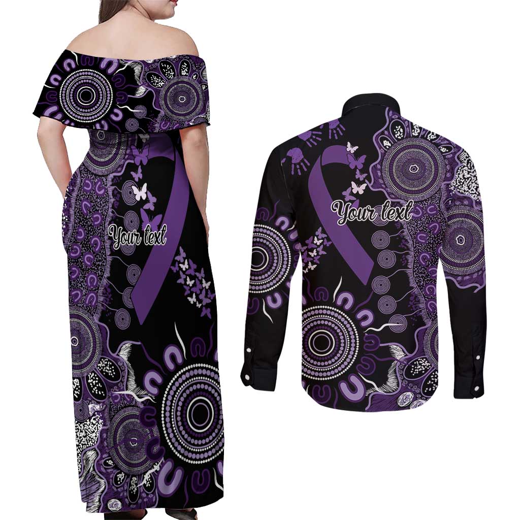 Memories Matter Alzheimers Awareness Personalised Couples Matching Off Shoulder Maxi Dress and Long Sleeve Button Shirt Aboriginal Ribbon Dot Painting