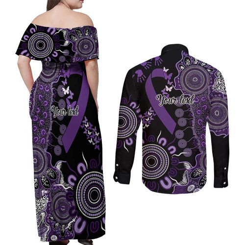 Memories Matter Alzheimers Awareness Personalised Couples Matching Off Shoulder Maxi Dress and Long Sleeve Button Shirt Aboriginal Ribbon Dot Painting