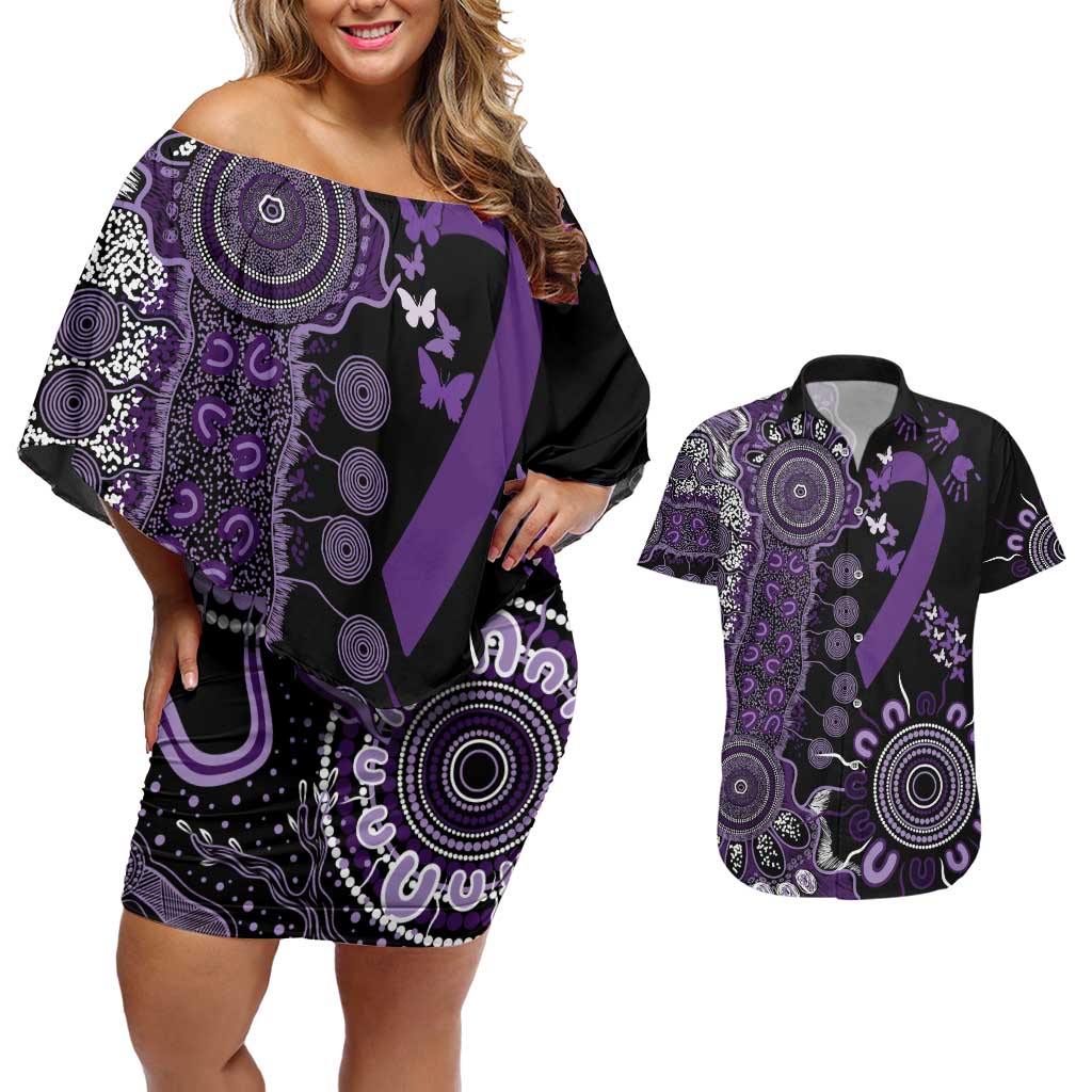 Memories Matter Alzheimers Awareness Personalised Couples Matching Off Shoulder Short Dress and Hawaiian Shirt Aboriginal Ribbon Dot Painting
