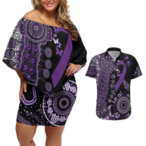 Memories Matter Alzheimers Awareness Personalised Couples Matching Off Shoulder Short Dress and Hawaiian Shirt Aboriginal Ribbon Dot Painting