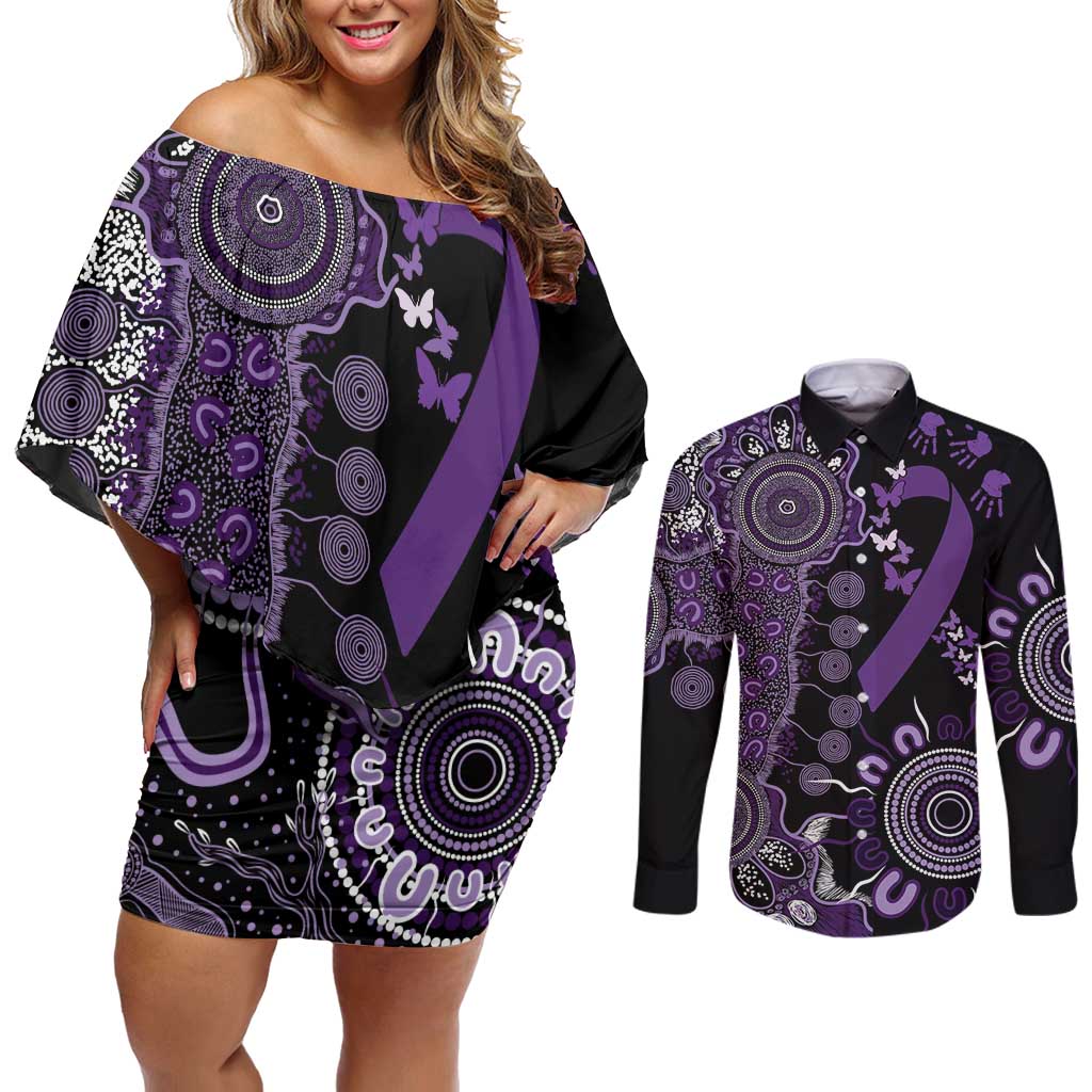 Memories Matter Alzheimers Awareness Personalised Couples Matching Off Shoulder Short Dress and Long Sleeve Button Shirt Aboriginal Ribbon Dot Painting
