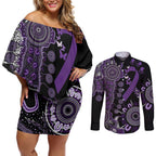 Memories Matter Alzheimers Awareness Personalised Couples Matching Off Shoulder Short Dress and Long Sleeve Button Shirt Aboriginal Ribbon Dot Painting