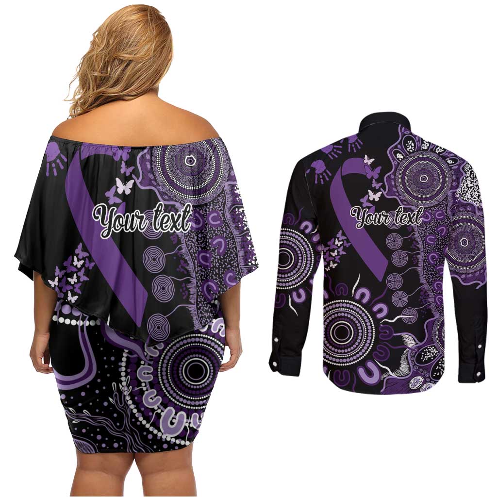 Memories Matter Alzheimers Awareness Personalised Couples Matching Off Shoulder Short Dress and Long Sleeve Button Shirt Aboriginal Ribbon Dot Painting
