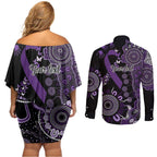 Memories Matter Alzheimers Awareness Personalised Couples Matching Off Shoulder Short Dress and Long Sleeve Button Shirt Aboriginal Ribbon Dot Painting