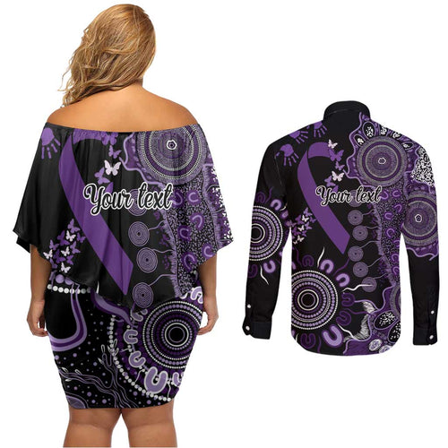 Memories Matter Alzheimers Awareness Personalised Couples Matching Off Shoulder Short Dress and Long Sleeve Button Shirt Aboriginal Ribbon Dot Painting
