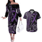 Memories Matter Alzheimers Awareness Personalised Couples Matching Off The Shoulder Long Sleeve Dress and Hawaiian Shirt Aboriginal Ribbon Dot Painting