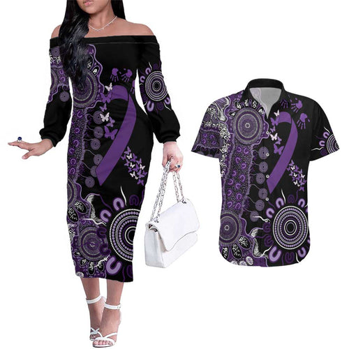 Memories Matter Alzheimers Awareness Personalised Couples Matching Off The Shoulder Long Sleeve Dress and Hawaiian Shirt Aboriginal Ribbon Dot Painting