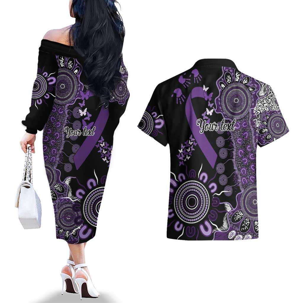 Memories Matter Alzheimers Awareness Personalised Couples Matching Off The Shoulder Long Sleeve Dress and Hawaiian Shirt Aboriginal Ribbon Dot Painting