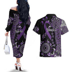 Memories Matter Alzheimers Awareness Personalised Couples Matching Off The Shoulder Long Sleeve Dress and Hawaiian Shirt Aboriginal Ribbon Dot Painting