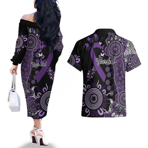 Memories Matter Alzheimers Awareness Personalised Couples Matching Off The Shoulder Long Sleeve Dress and Hawaiian Shirt Aboriginal Ribbon Dot Painting