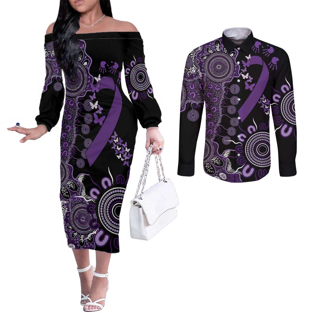 Memories Matter Alzheimers Awareness Personalised Couples Matching Off The Shoulder Long Sleeve Dress and Long Sleeve Button Shirt Aboriginal Ribbon Dot Painting
