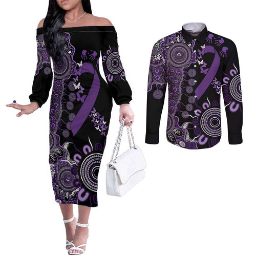 Memories Matter Alzheimers Awareness Personalised Couples Matching Off The Shoulder Long Sleeve Dress and Long Sleeve Button Shirt Aboriginal Ribbon Dot Painting