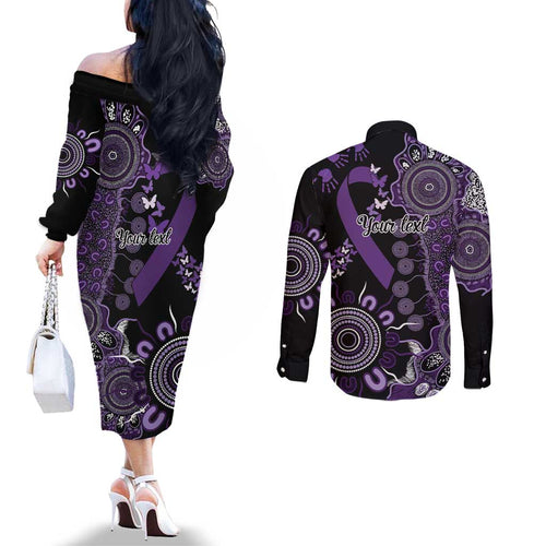 Memories Matter Alzheimers Awareness Personalised Couples Matching Off The Shoulder Long Sleeve Dress and Long Sleeve Button Shirt Aboriginal Ribbon Dot Painting