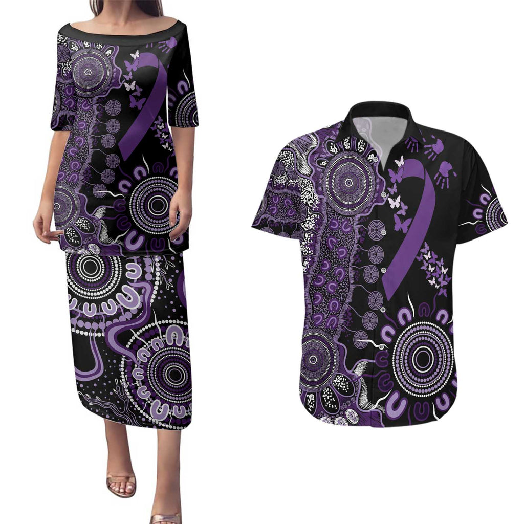 Memories Matter Alzheimers Awareness Personalised Couples Matching Puletasi and Hawaiian Shirt Aboriginal Ribbon Dot Painting