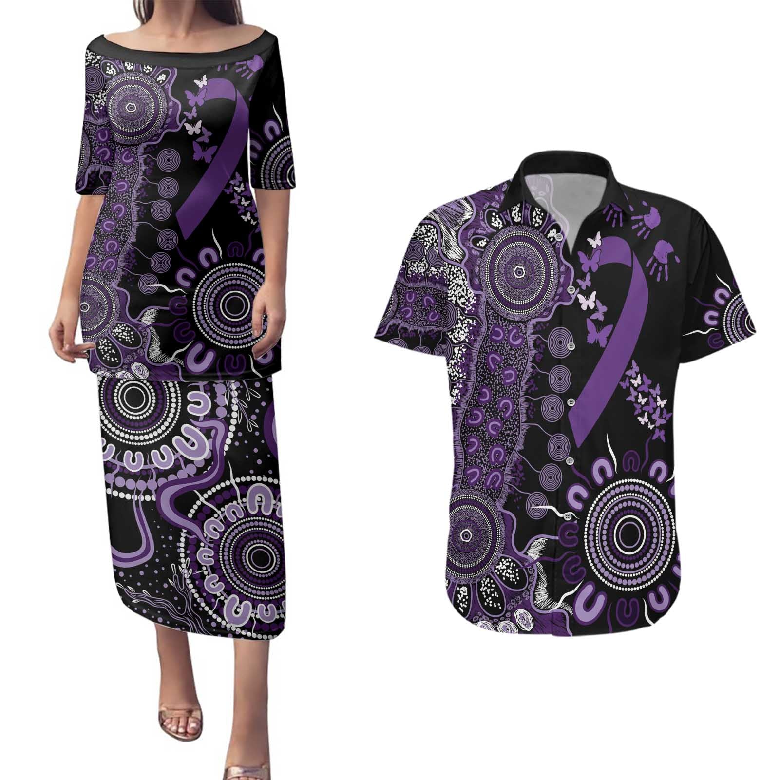 Memories Matter Alzheimers Awareness Personalised Couples Matching Puletasi and Hawaiian Shirt Aboriginal Ribbon Dot Painting