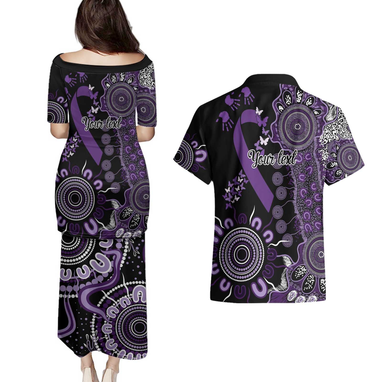 Memories Matter Alzheimers Awareness Personalised Couples Matching Puletasi and Hawaiian Shirt Aboriginal Ribbon Dot Painting