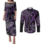 Memories Matter Alzheimers Awareness Personalised Couples Matching Puletasi and Long Sleeve Button Shirt Aboriginal Ribbon Dot Painting