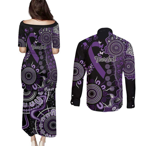 Memories Matter Alzheimers Awareness Personalised Couples Matching Puletasi and Long Sleeve Button Shirt Aboriginal Ribbon Dot Painting