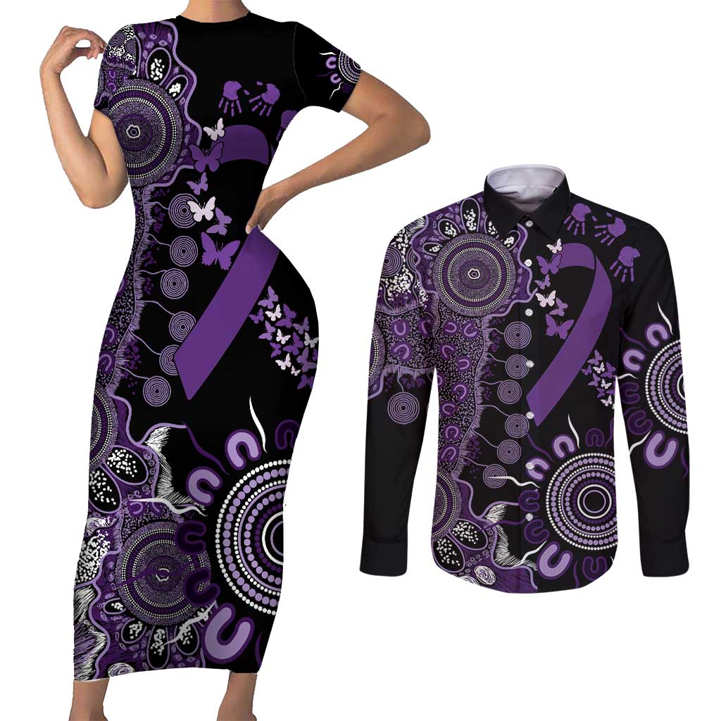 Memories Matter Alzheimers Awareness Personalised Couples Matching Short Sleeve Bodycon Dress and Long Sleeve Button Shirt Aboriginal Ribbon Dot Painting