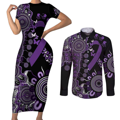 Memories Matter Alzheimers Awareness Personalised Couples Matching Short Sleeve Bodycon Dress and Long Sleeve Button Shirt Aboriginal Ribbon Dot Painting