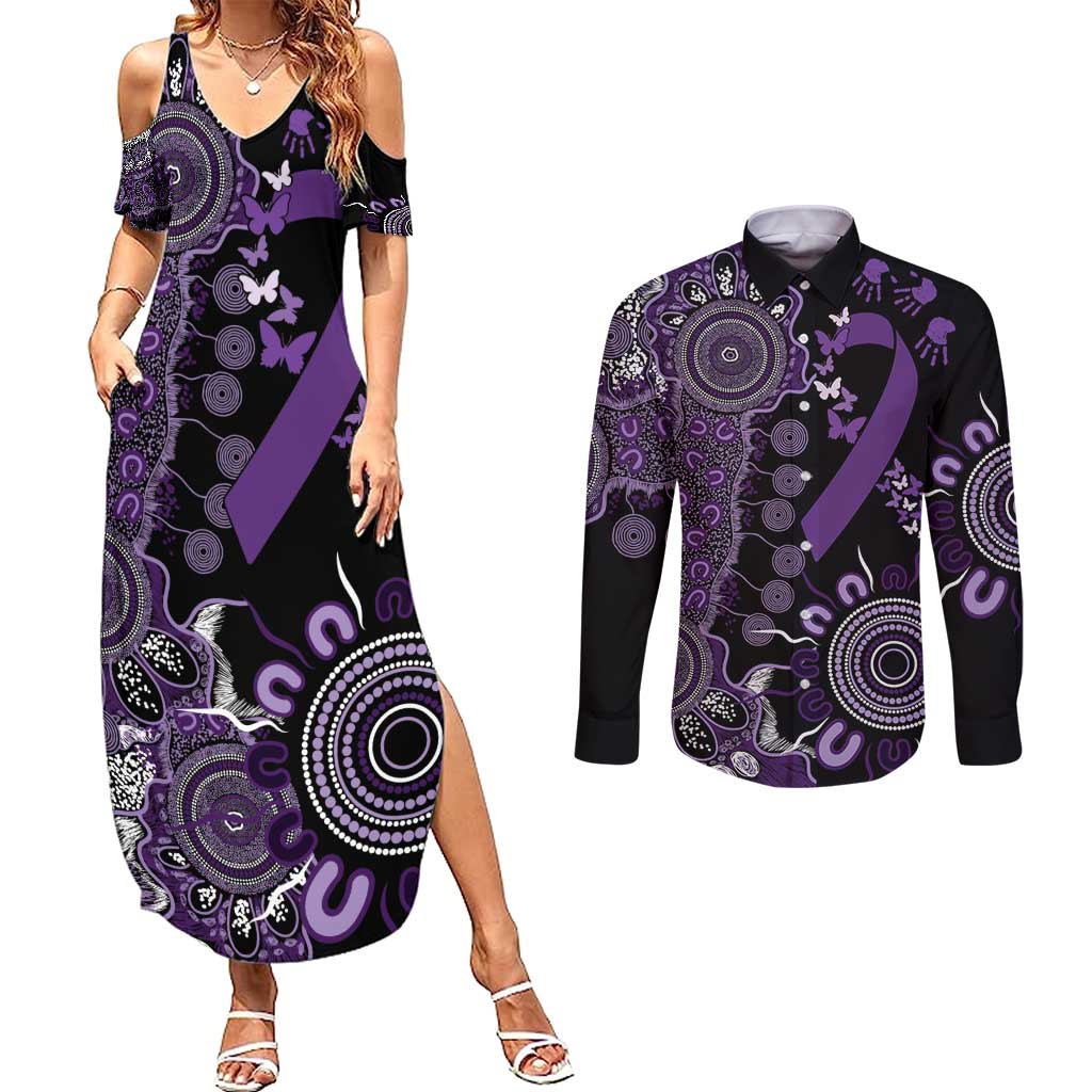 Memories Matter Alzheimers Awareness Personalised Couples Matching Summer Maxi Dress and Long Sleeve Button Shirt Aboriginal Ribbon Dot Painting