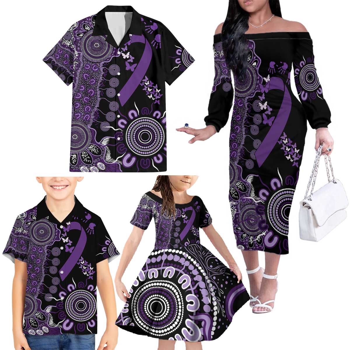 Memories Matter Alzheimers Awareness Personalised Family Matching Off The Shoulder Long Sleeve Dress and Hawaiian Shirt Aboriginal Ribbon Dot Painting